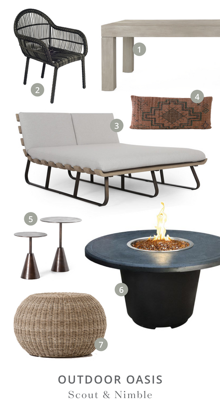 Shop the Look | 1. Sonora Outdoor Dining Table 2. Canaveral Cape Dining Arm Chair 3. Dimitri Double Daybed 4. Tribal Print Rust Lumbar Pillow 5. Frisco End Tables, set of 2 6. Cosmopolitan Round Firetable 7. Phoenix Outdoor Accent Stool