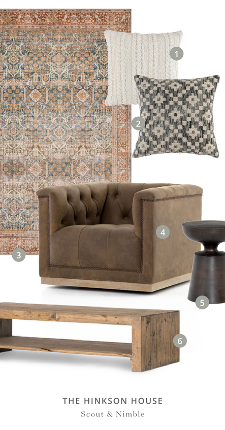 SHOP THE ROOM | 1. Purl Ivory Throw Pillow (Set of 2) 2. Onyx Throw Pillow (Set of 2) 3. Layla Rug in Ocean/Rust 4. Maxx Swivel Chair 5. Cruz End Table 6. Beckworth Coffee Table