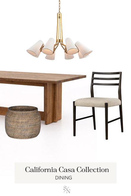 GET THE LOOK | 1. Patten 8 Light Chandelier 2. Erie Dining Table 3. Glenmore Dining Chair 4. Ansel Contrast Black Basket
