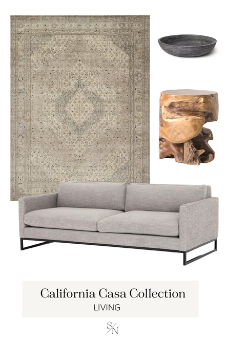 GET THE LOOK | 1. Millennium Sand &amp; Ivory Rug 2. Roca Slate Bowl 3. Teak Stool 4. Drew 84” Sofa