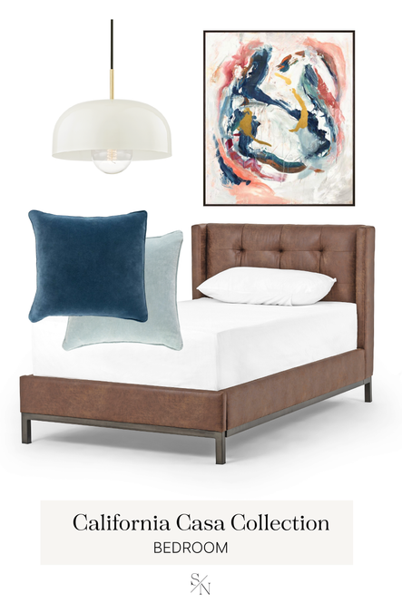 GET THE LOOK | 1. Avery 1 Light Pendant 2. Alouette's Garden Artwork 3. Safflower Sea Foam Velvet Pillow 4. Safflower Blue Velvet Pillow 5. Newhall Twin Bed