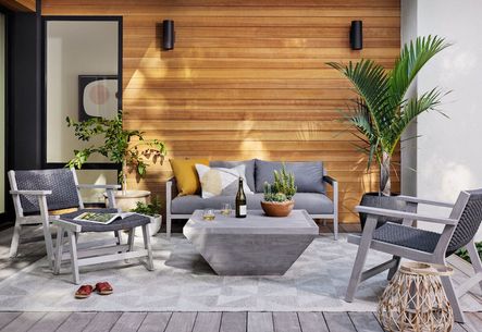 SHOP THE LOOK: Sherwood Outdoor Sofa, Delano Outdoor Chair &amp; Ottoman, Delwin Outdoor Coffee Table, Cream Color Block Pillow Set,