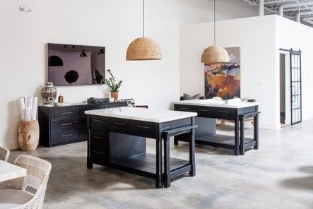 Shop the Look | Ian Kitchen Island, Shoreline Pendant, Handcarved Wooden Planter, Suki 9 Drawer Dresser, Brown Silla Flower Temple Jar, Ian Kitchen Island