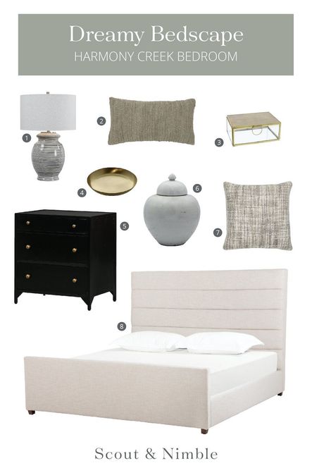 SHOP THE LOOK: 1. Marisa Table Lamp | 2. Rina Natural Pillow | 3. Mirrored Jewelry Box | 4. Brushed Brass Tray | 5. Belmont Storage Nightstand | 6. Vintage White Porcelain Ginger Jar | 7. Brax Desert Ivory Pillow | 8. Daphne Bed