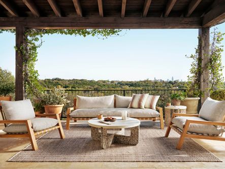 SHOP THE LOOK: Lolita Outdoor Coffee Table, Soren Outdoor Sofa, Soren Outdoor Chair, Lolita Outdoor End Table, Darla Outdoor Rug