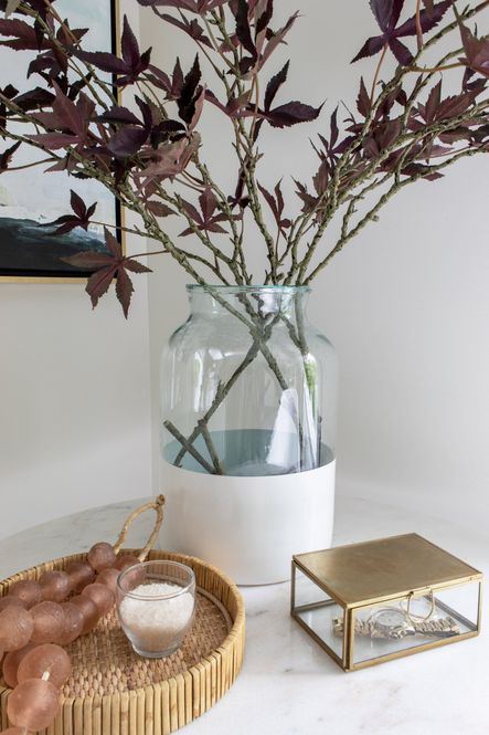 SHOP THE LOOK: Colorblock Vase, Cayman Tray, Vintage Sea Glass Beads, Mirrored Jewelry Box