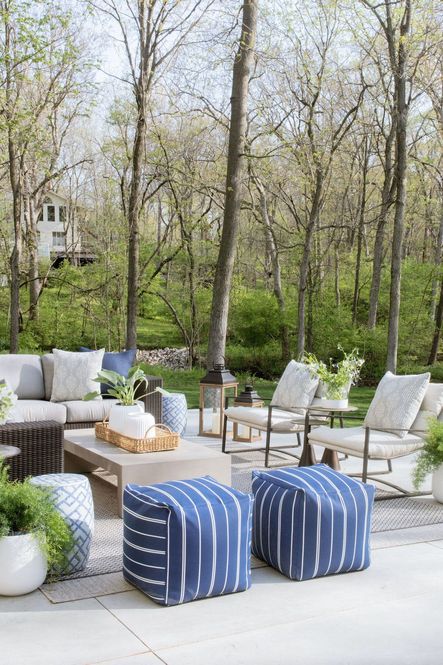 SHOP THE LOOK: Vallarta Outdoor Pouf, Avon Sling Chair, Blue &amp; White Bamboo Garden Stool