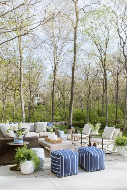 SHOP THE LOOK: Vallarta Outdoor Pouf, Blue &amp; White Bamboo Garden Stool, Parish Coffee Table