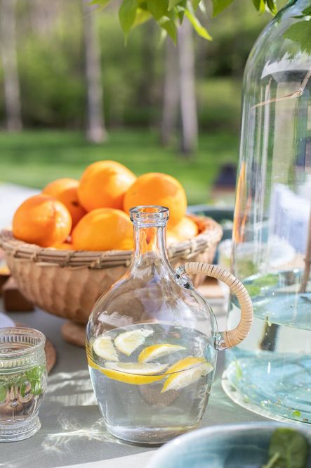 SHOP THE LOOK: Rosa Glass Jug, Natural Mango Wood Bowl, Eloise Drinking Glass