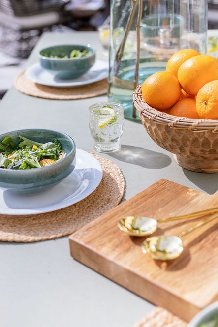 SHOP THE LOOK: Eloise Drinking Glass, French Cutting Board, Olivia Ceramic Bowls