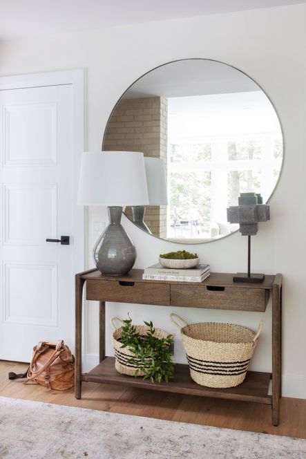 SHOP THE LOOK | Valeria Console Table, Glen Mirror, Ash Table Lamp, Liverpool Rug, Black Marble Sculpture, Galaxy Marble Bowl, Seagrass Baskets