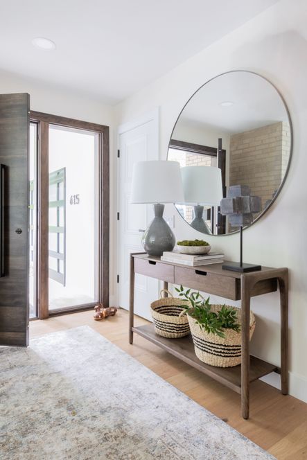 SHOP THE LOOK | Valeria Console Table, Glen Mirror, Ash Table Lamp, Liverpool Rug, Black Marble Sculpture, Galaxy Marble Bowl, Seagrass Baskets
