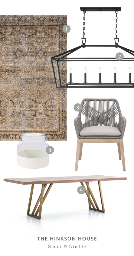 SHOP THE ROOM | 1. Layla Rug in Olive/Charcoal 2. Townsend 5 Light Trestle 3. Loom Dining Chair (Set of 2) 4. White Color Block Flower Vase 5. Kapri Dining Table