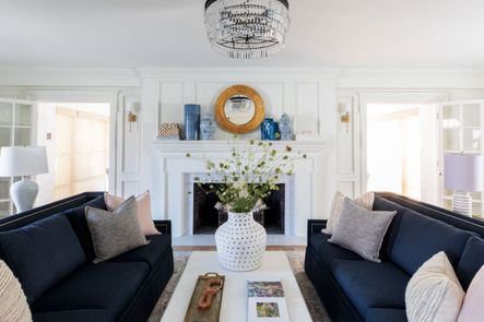 SHOP THE LOOK: Blanche Throw Pillow, Porous Vase, Anastasia Silver/Plum Rug, Helena Sofa, Vintage Sea Glass Beads, Abbott Tray, Petal Mirror, Monroe 1 Light Sconce, Denim Blue Umbrella Vase, Blue & White Chain Temple Jar, Persian Box Set, Marble Box & Lid, Darla Ceramic Table Lamp, Rayas Table Lamp