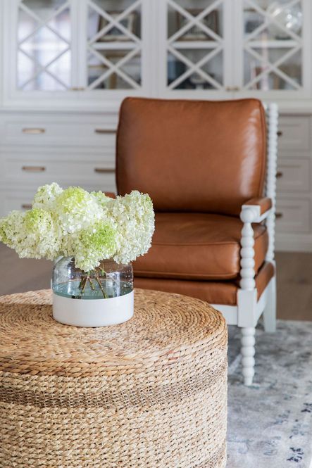 SHOP THE LOOK: White Colorblock Vase, Adele Round Woven Ottoman