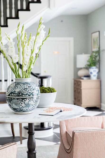 SHOP THE LOOK: Blue &amp; White Yuan Sunflower Jar, Busan White Orchid Bowl, Vintage Sea Glass Beads, Lucy Dining Table, Gayle Bench