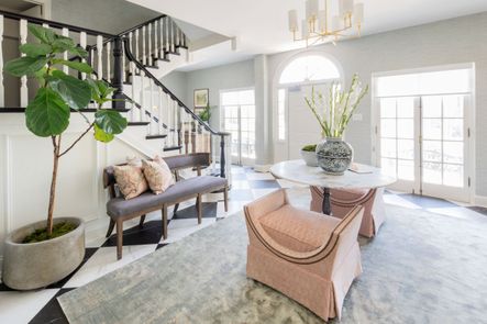 SHOP THE LOOK: Carter Dining Bench, Lucy Dining Table, Gayle Bench, Dillon Chandelier, Blue &amp; White Yuan Sunflower Jar, Busan White Orchid Bowl, Tribeca Planter