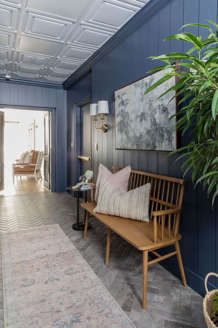 SHOP THE LOOK: Aspen Bench, A Curious Place Framed Artwork, Logan Wall Sconce, Hathaway Blush &amp; Multi Runner