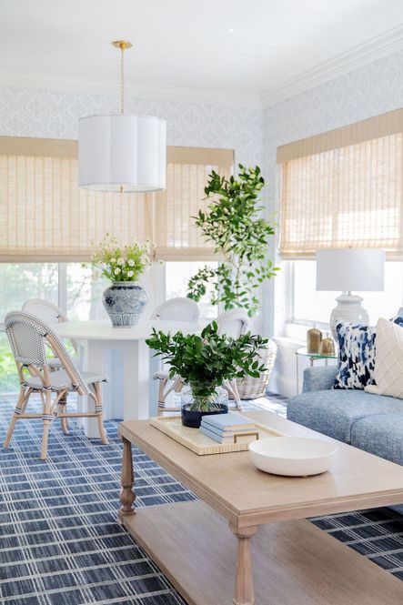 SHOP THE LOOK: Sweeny Five Light Chandelier, Blue &amp; White Ginger Jar, Antique Brass Bells, Large Ceramic Bowl, Santa Barbara Cocktail Table