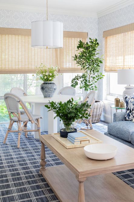 SHOP THE LOOK: Sweeny Five Light Chandelier, Marisa Table Lamp, Blue &amp; White Ginger Jar, Shanghai Loft Dining, Navy Colorblock Flower Vase, Bone and Brass Tray, Large Ceramic Bowl, Santa Barbara Cocktail Table