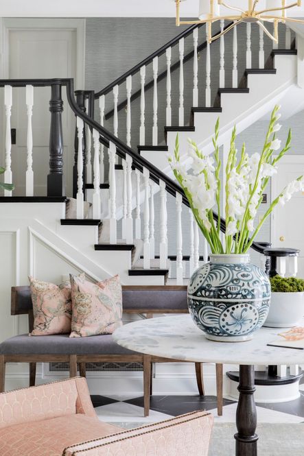 SHOP THE LOOK: Carter Dining Bench, Blue &amp; White Juan Sunflower Jar, Lucy Dining Table
