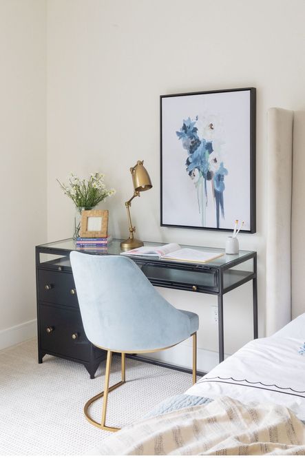 SHOP THE LOOK: Parissa Dining Chair, Folding Table Lamp Brass, Blue Bloom XII, Shadow Box Desk