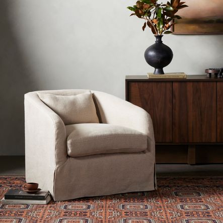 SHOP THE LOOK: Topanga Navy Linen Slipcover Swivel Chair - Flanders Flax | SHOP THE COLLECTION