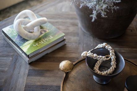 SHOP THE LOOK: White Diamond Triple Lines Kenya Cow Bone Beads, Luna Footed Bowl, Rhys Decorative Tray, Cassius Marble Sculpture