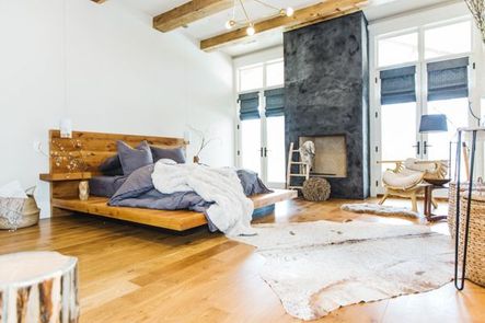 SHOP THE LOOK | Modern Cowhide Rug, Atom 8 Pendant Light, Vega Console Table, Tiller King Bed