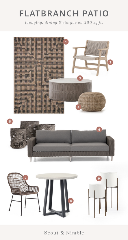 SHOP THE LOOK: 1. Isle Brown & Black Rug | 2. Delano Chair | 3. Colorado Drum Coffee Table | 4. Phoenix Accent Stool | 5. Natural Basket Set | 6. Remi Outdoor Sofa | 7. Bandera Woven Dining Chairs | 8. Cyrus Outdoor Dining Table | 9. Jed Planter