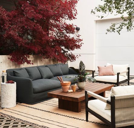 SHOP THE LOOK: Dade Fiqa Boucle Slate Polyester Outdoor Sofa | Sherwood Fiqa Boucle Cream Modern Bronze Finish Outdoor Chair