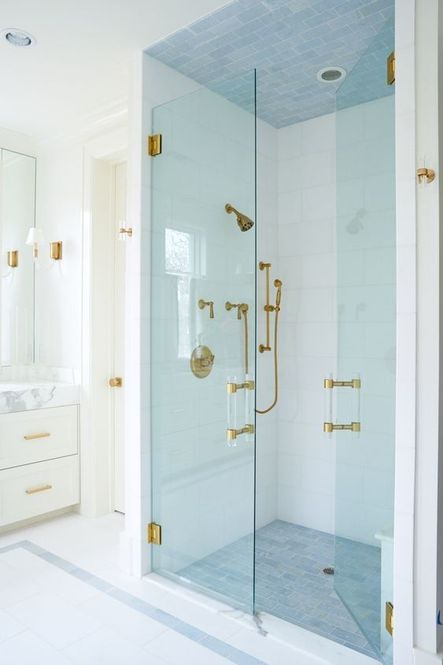 A glass front shower beautifully reveals accents of gold hardware.