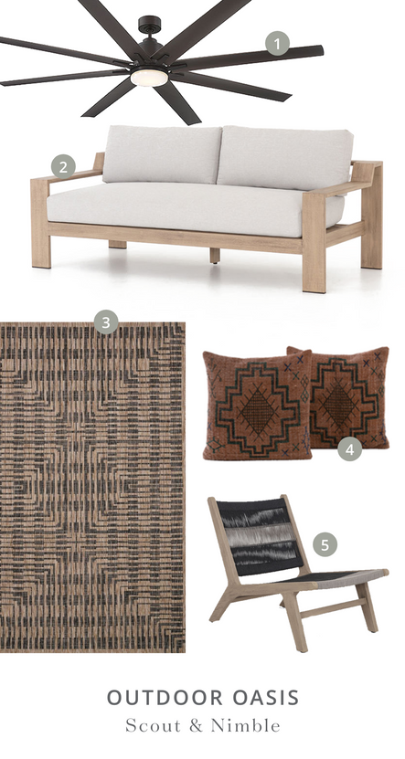 Shop the Look | 1. Bluffton 72” 8-Blade Ceiling Fan 2. Monterey Outdoor Sofa 3. Isle Brown/Black Rug 4. Tribal Print Rust Pillow, set of 2 5. Julian Outdoor Chair