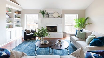 SHOP THE LOOK Catalina Nesting Coffee Table (Discontinued), Maxx Swivel Chair, Safflower Blue Velvet Pillow, Everly 2 Piece Sectional, Holland Round Mirror