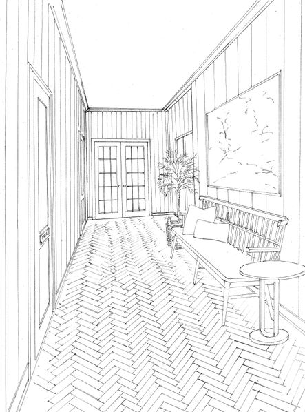 STEP 2 // Back Hallway Rendering of our Tri Delta Traditional Project| Rendering by Jane Gianarelli