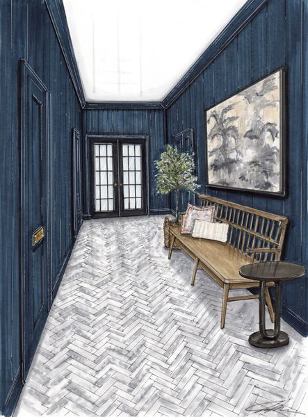 STEP 3 // Back Hallway Rendering of our Tri Delta Traditional Project| Rendering by Jane Gianarelli