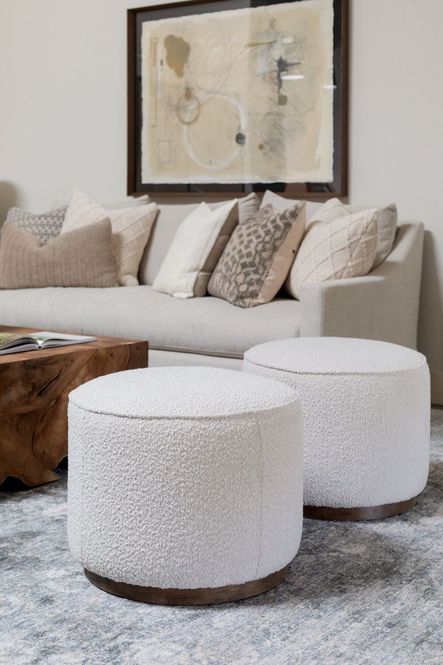 SHOP THE LOOK: Train of Thought Painting, Sinclair Round Ottomans, Grace Sofa, Lincoln Rug