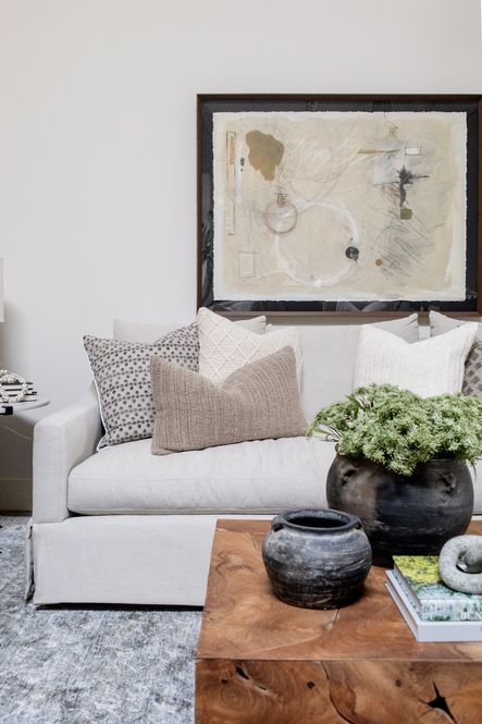 SHOP THE LOOK: Grace Sofa, Train of Thought Art, Ophelia Black Natural Pillow, Catalina Ivory Pillow, Rina Natural Pillow, Lincoln Rug